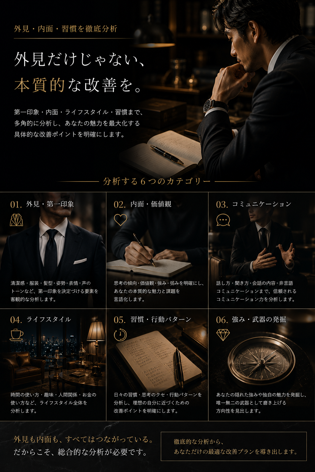 本質を知るための6つの視点 - 外見・内面・コミュニケーション・ライフスタイル・習慣・強み
