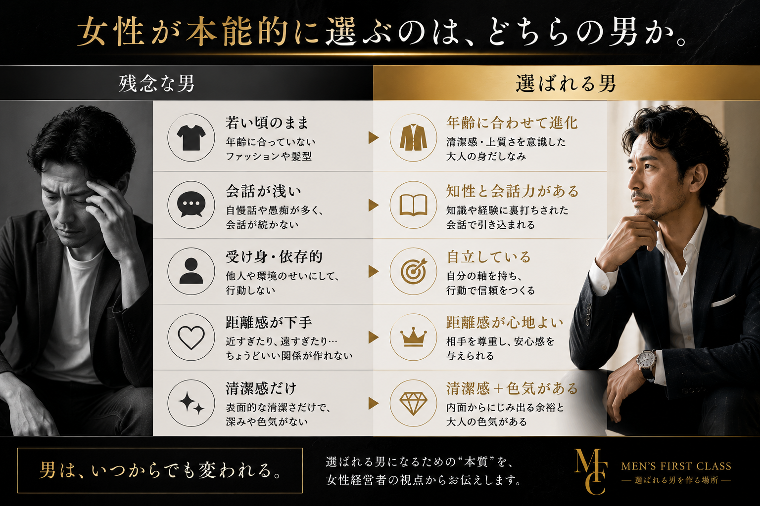 女性が本能的に選ぶのは、どちらの男か。残念な男と選ばれる男の比較